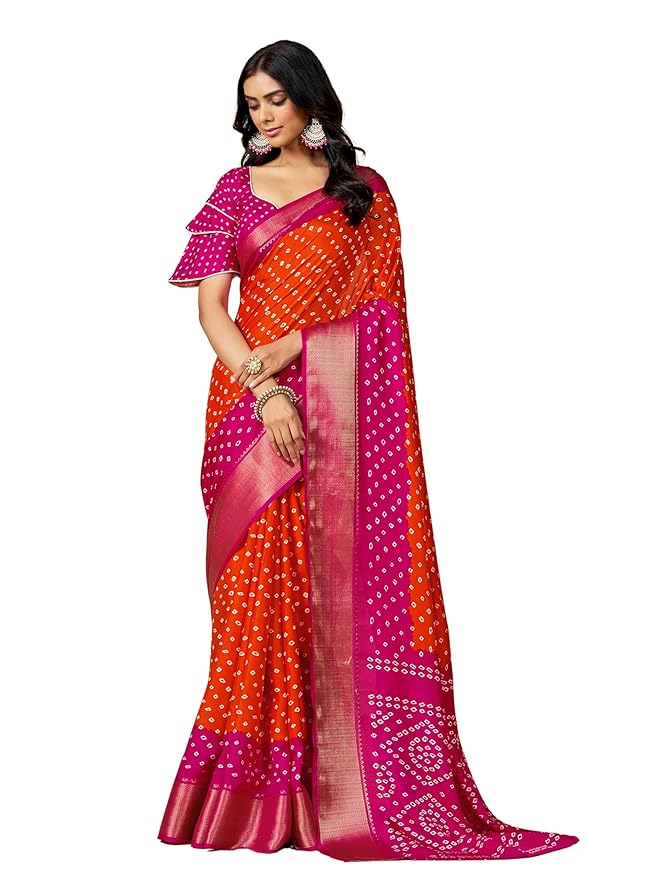 Women's Dola Silk Bandhani Print Zari border Saree with Blouse Piece